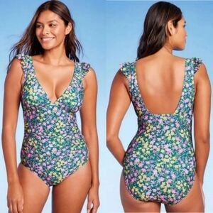 Kona Sol Floral Ruffle Strap Rouched Plunge Swimsuit, Size XL